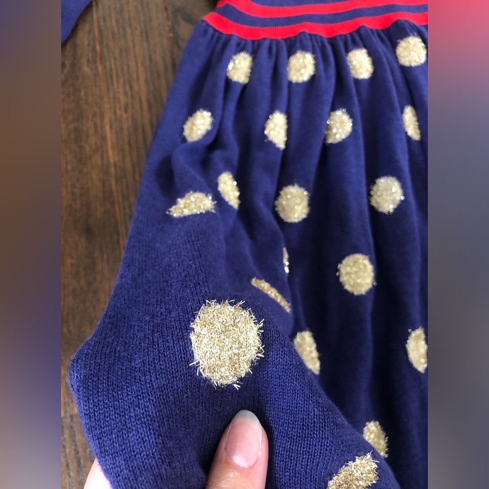 Mini Boden Girls 9-10Y Navy/Red Long-Sleeved Ribbed Dress w/Gold Polka Dot Skirt - Picture 2 of 12